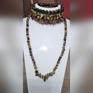 Five Piece Tiger Eye Stone Bracelet And Necklace Set 8 Mm Unisex Design